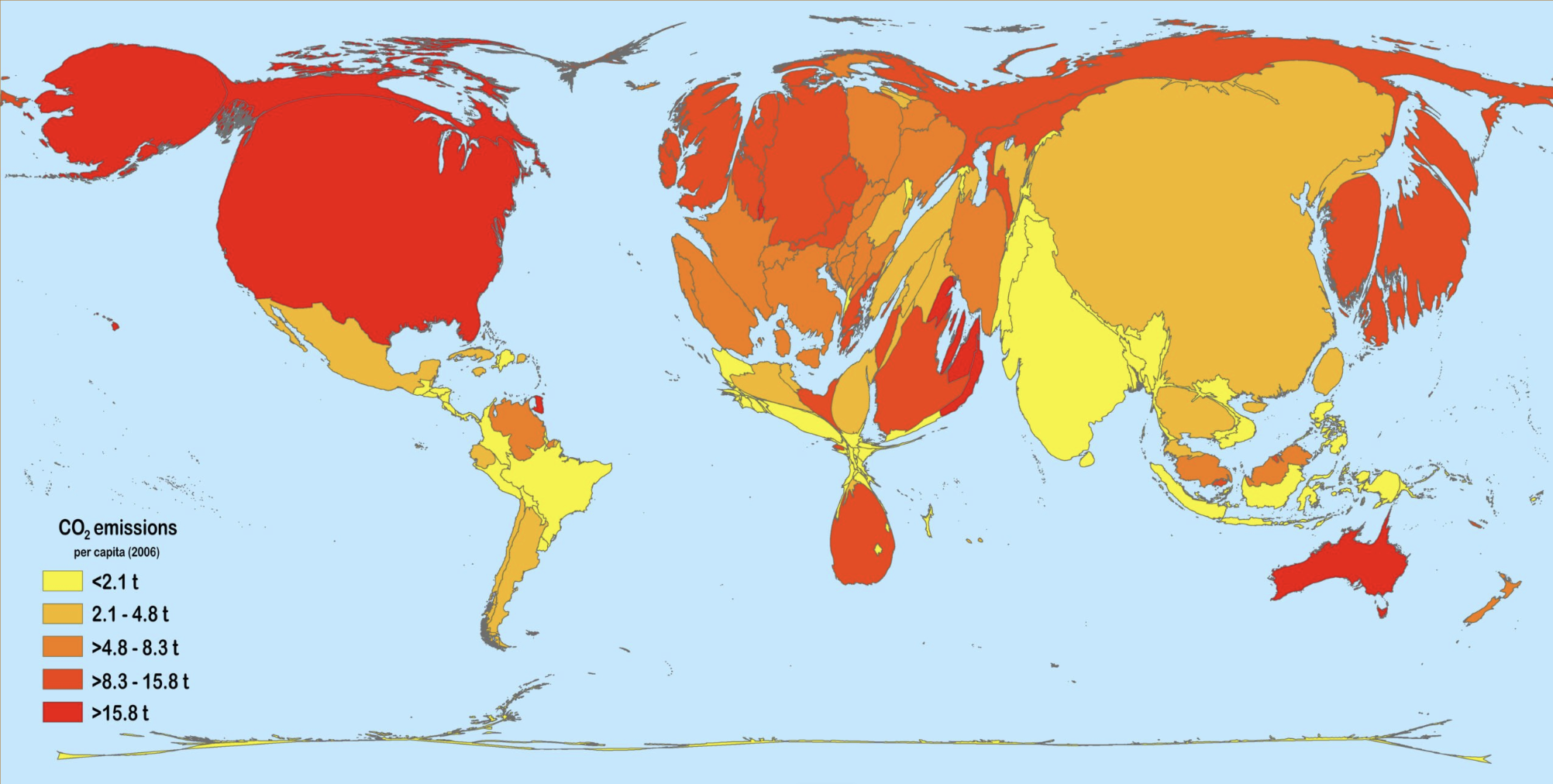 CO2 udledning per capita - verdenskort (kartogram)