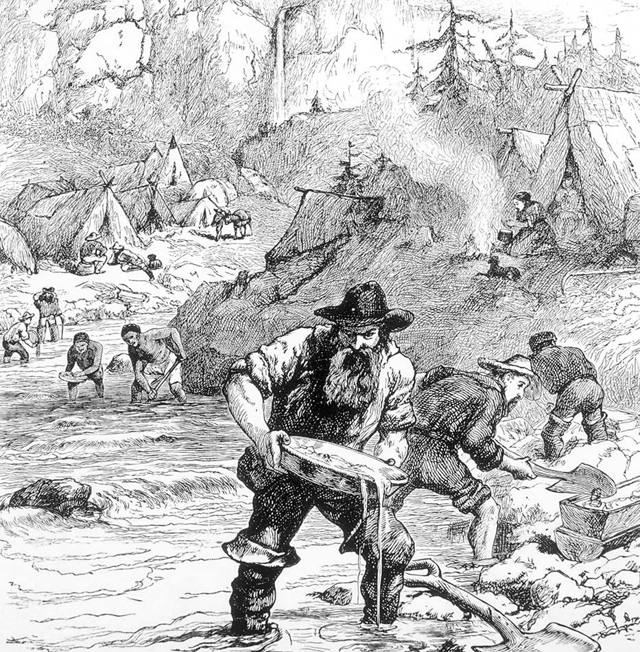 Historisk illustration fra 1800-tallet af guldvaskere ved en flod under den californiske guldfeber. Mænd vasker grus i render for at koncentrere tunge guldpartikler