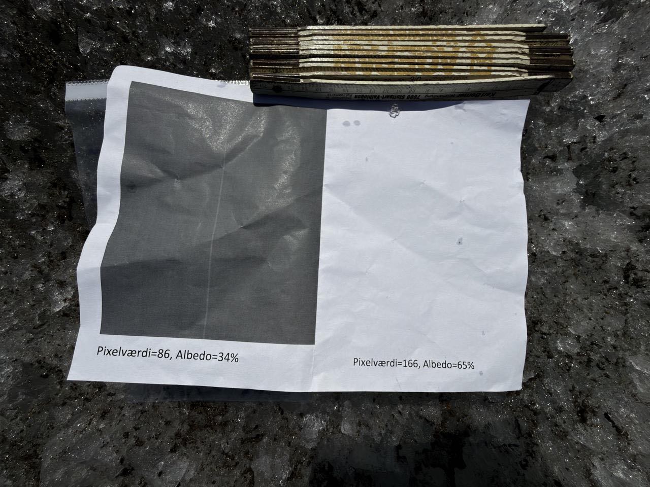 Referencekort med et gråt og et hvidt felt, mærket med pixelværdi og albedo, liggende på isen ved siden af en tommestok